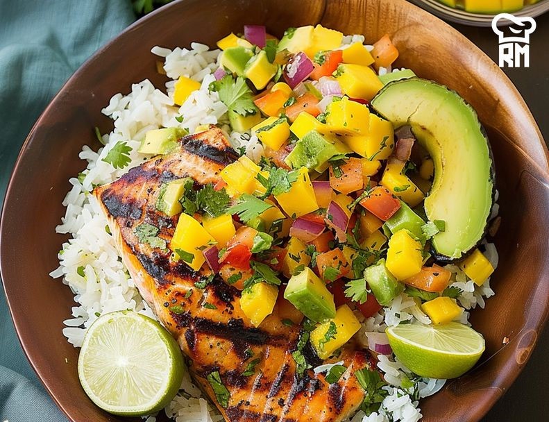 Grilled Lime Salmon with Avocado-Mango Salsa and Creamy Coconut Rice
