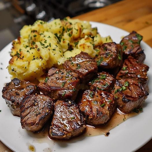 Garlic Butter Steak Bites and Cheesy Smashed Potatoes
